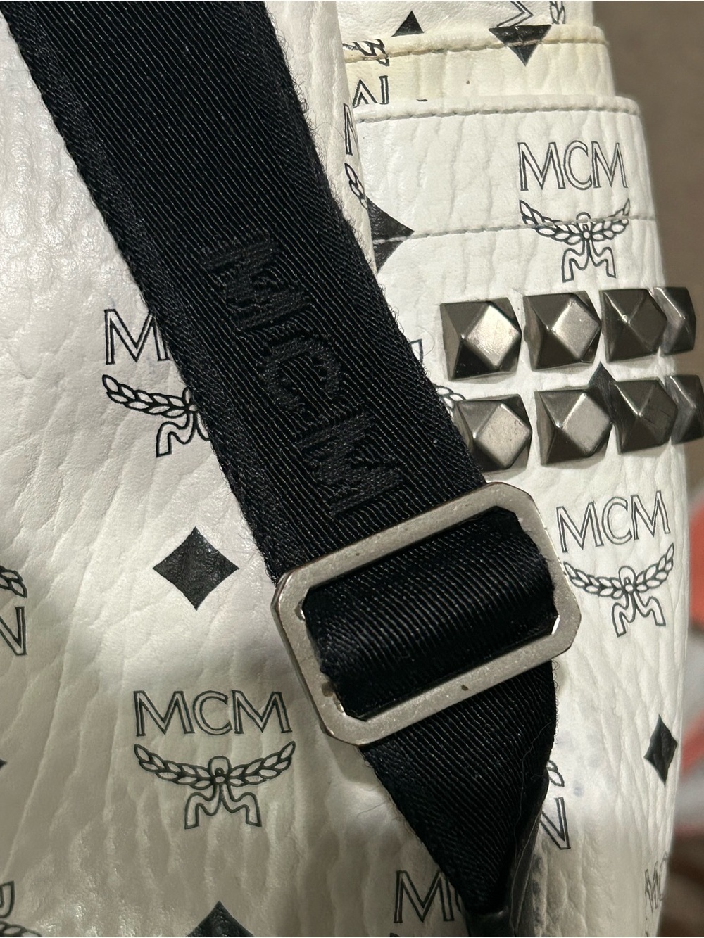 Authentic MCM Stark Backpack White Blue Visetos Size Medium Side Studs Unisex - Picture 8 of 14